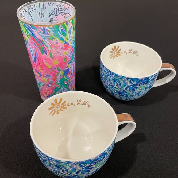 ~ Lilly Pulitzer 2 Blue Floral Hidden Lion Mugs Gold Handles+Pink Floral Tumbler - Picture 3 of 16